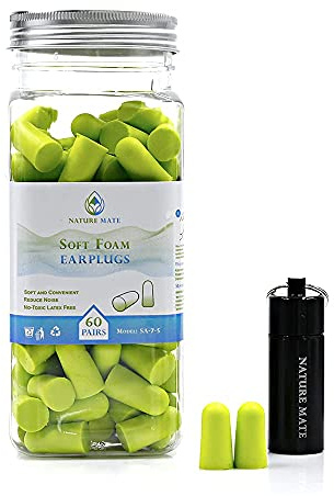 Nature Mate Super Soft Reusable Foam Earplugs 38dB Highest SNR 60 Pairs Anti-Noise Ear Plugs for Sleeping Snoring Studying Travel Concerts Loud Noise with Compact Carrying Case Green
