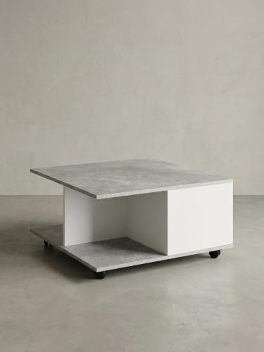KADIMA DESIGN Couchtisch RAPIDO: 70x70x36,5 cm, 2 Schubladen, Rollen, Melaminharzbeschichtung, Weiß/Anthrazit Farbe: Grau