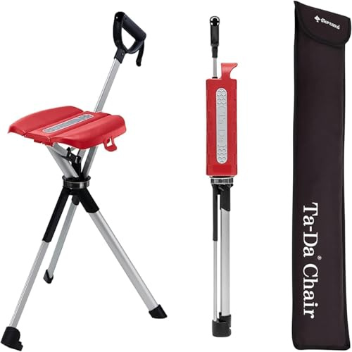 TA-Da Chair Serie 2 - Gehstock mit Sitz, ultraleichter Aluminiumrahmen & robuster Klapphocker (bis zu 136 kg), zusammenklappbares Design, ideal für Wanderungen und Outdoor-Aktivitäten - Rot, 82 cm