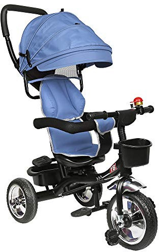 4 in 1 Kinderdreirad Tricycle für Kinder ab 12 Monate bis 5 Jahren mit Abnehmbarer Sonnendach&Schubstange Dreiräder,Jogger, mit Dachfenster, Sicherheitsgurte, Freilaufrad (4 in 1 (Dunkelblau))