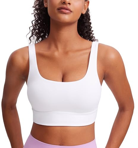 CRZ YOGA Butterluxe U Back Longline Sports Bras for Women - Scoop Neck Padded Yoga Workout Crop Top with Built in Pads White Large
