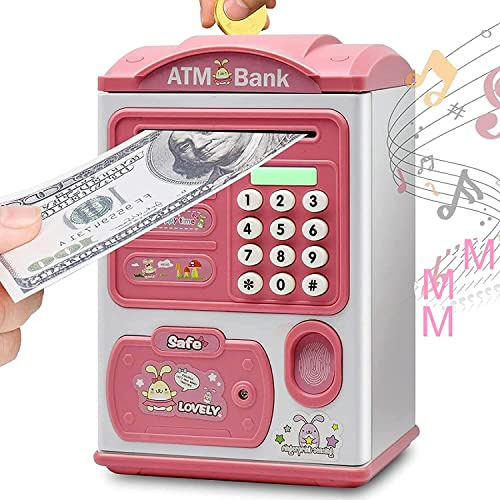 Spardose Kinder,Elektronische Spardose Kinder mit Fingerabdruck & Passwort | ATM Geldautomat Sparschwein für Jungen & Mädchen,Kindertresor mit Automatischem Geldeinzug&Fingerabdruckschutz,Musik(Rosa)