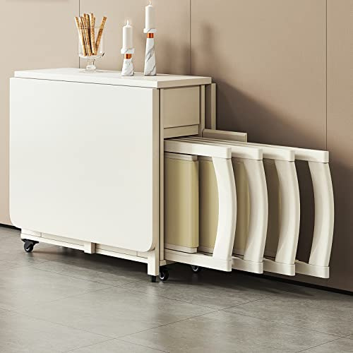 Ausziehbares Esstisch-Set, Klapp-Esstisch mit 4 Stühlen, Massivholz-Küchentisch, platzsparender kompakter Klapp-Esstisch, für die Esszimmer-Küche zu Hause, weiß