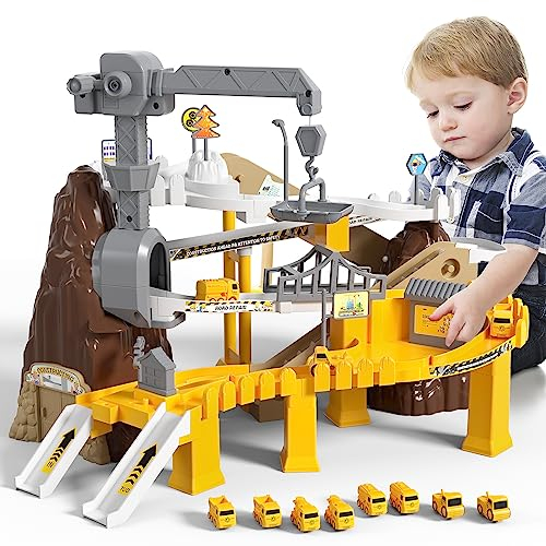 Race Car Track Construction Toys for Boys, Car Adventure Toys Parking Garage Playset with 8 Mini Toy Cars and Traffic Signs, Preschool Toys Birthday Gifts for 3 4 5 6 7 8 Year Old Boys Kids Girls