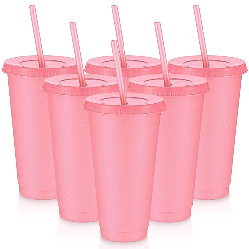 Uiifan 6 Pcs 24 oz Reusable Tumbler with Lids and Straws Plastic Iced Coffee Tumbler Glitter Travel Mug Cup for Smoothie Juices Birthday Party Cold Drink Coffee Cup Bulk for Adult Kid Women (Pink)