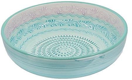 Kaladia - Reibeschüssel/Keramikhobel - ideal zum Gewürze reiben und Servieren von Gerichten - Motiv: Türkis/Lila - Durchmesser: 27 cm - handgemacht & handbemalt - Made in Spain