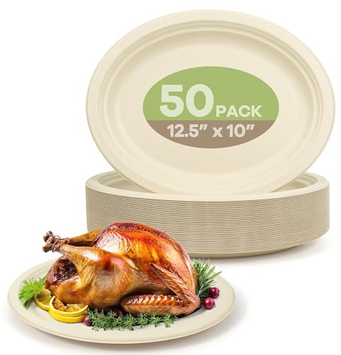 FEHHTO 100% Compostable Oval Paper Plates, 12.5Inch 50Pack Disposable Heavy Duty Bagasse Platters Eco-Friendly Biodegradable Sugarcane Plates for BBQ, Party, Picnic - Natural Brown