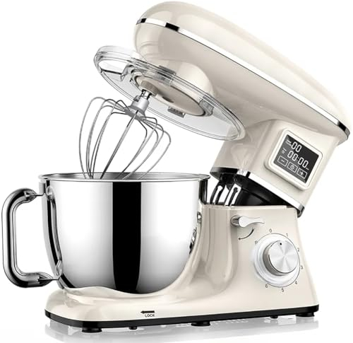 Batteur De Cuisine Sur Socle, 5,5 Qt, 6 Vitesses, Écran LCD, Tête Inclinable, Mélangeur De Cuisine Électrique Avec Crochets Pétrisseurs Lavables Au Lave-vaisselle, Batteurs Plats, Fouet Métallique