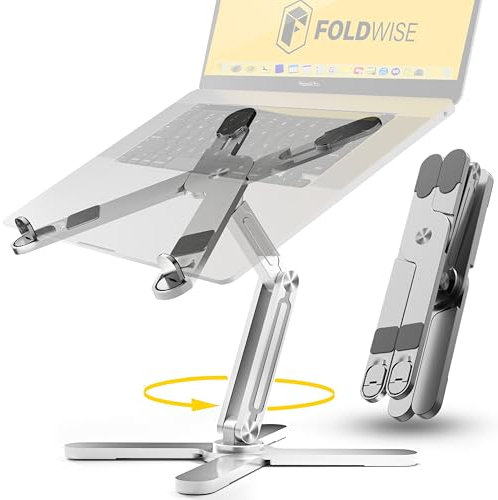 FoldWise X Premium Laptop Stand for Desk - 100% Aluminium, Portable & 360° Rotating - Adjustable Height & Angles Laptop Riser - Sturdy & Foldable MacBook Stand Compatible with All 11-18” Devices
