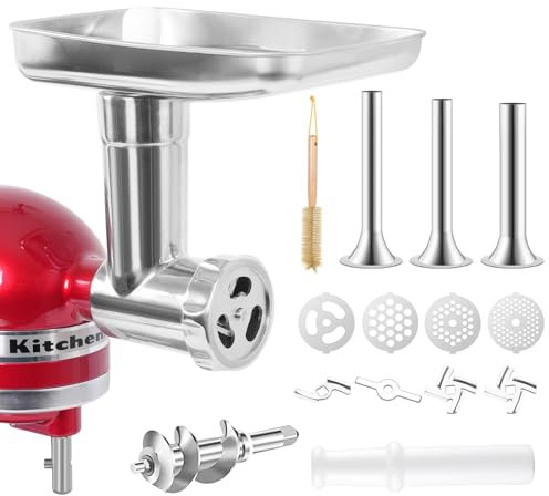 Stainless Steel Food Metal Grinder Attachment Compatible with KitchenAid Stand Mixers Includes 3 Sausage Stuffer Tubes,Dishwasher Safe