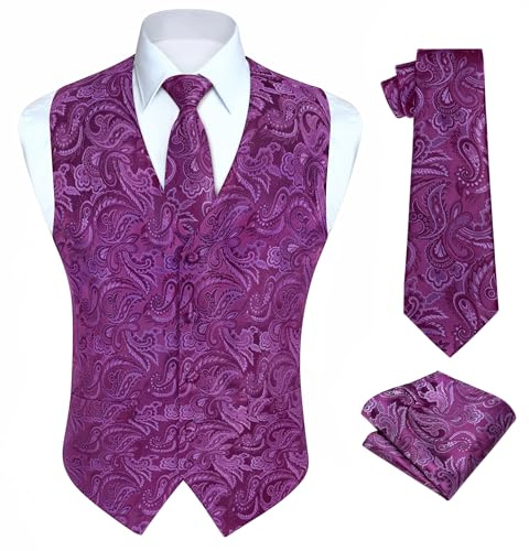 Hisdern herrväst paisley blommönstrad jacquard, slips, bröstnäsduk, näsduk och väst kostymset., Lila -3, 4XL