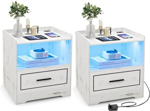 GIANTEX Nachttisch mit LED Licht 3 Farben Beleuchtung, Beistelltisch 2er Set Sofatisch Kaffeetisch mit Bewegungssensor, Nachtschrank mit USB-Anschluss & Typ-C-Ladestation, Nachtkommode Nachtkonsole