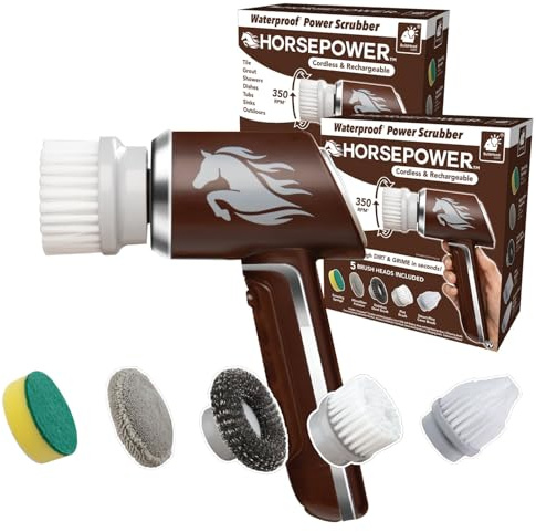 Ruby Horsepower AS-SEEN-ON-TV Hand-Schrubber, kabellos, wiederaufladbar, für Schmutz und Dreck in Sekunden, ideal für Fugenmörtel, Fliesen und mehr, 350 U/min, inklusive 5 Bürstenköpfen, 2 Stück