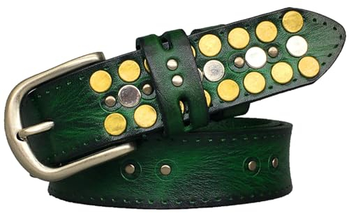 WRJAHCG Ledergürtel Damen Schmal, Damengürtel Nietengürtel Verstellbarer Western, Lässiger Vintage Echtledergürtel mit Legiertem Metall Dornschließe, 2.8CM,Dark green,105CM/41.3''