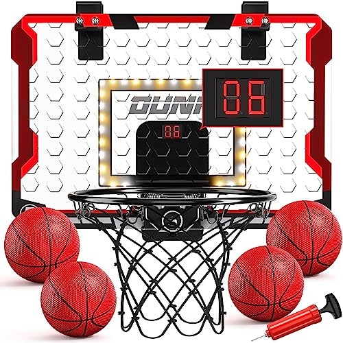 TEMI basketkorg inomhus, LED-lampa mini basketkorg med 4 bollar och elektroniska resultattavlor, över dörren basketbräda för 5 6 7 8 9 10 11 12 år gamla pojkar flickor barn tonåringar