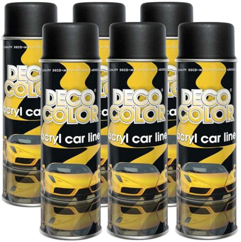 Deco Color 6er Sparpack ACRYL CAR LINE SCHWARZ MATT RAL 9005 in 500ml - Lackspray für z.B. KFZ, Auto, Motorrad, Alufelgen, Stahlfelgen (6 Dosen 500ml Schwarz MATT)