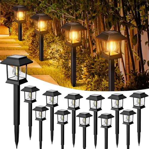 nipify Solar Lights Outdoor Garden, 12 Pack Solar Stake Lights, Warm White, Auto On/Off, Solar Powered, Waterproof, Unique Design