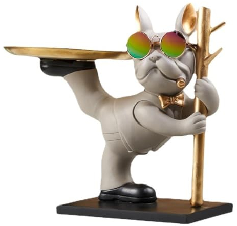 GHYUBYER Deko Skulpturen Wohnzimmer,Modernes Dekor Harz Bulldogge Tablett, Taschenleerer, Key Tray Organizer for Home Decor Moderne Kunst Schmuck Ohrringe Kleine Gegenstände Tablett (Color : Grey)