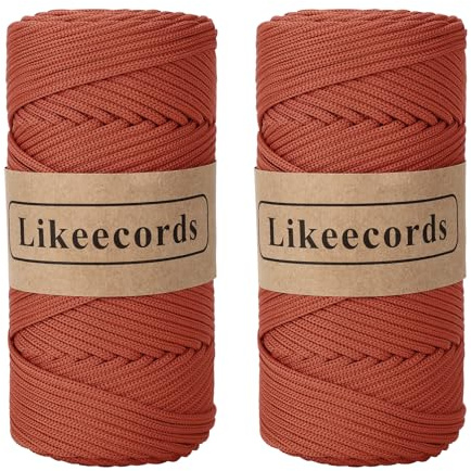 Likeecords 2 rullar polyestergarn 4 mm x 130 m, nylongarn, makramégarn, virkgarn, textilgarn för virkning för korgar, korg, virkade väskor (Rosso ruggine)