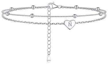 PROSILVER Damen Buchstabe N Fußkettchen 925 Silber Herz Charm mit 22+5cm zweilagige Strand Fußkette Initiale Knöchel Armband für Mädchen Sommer Fuß Schmuck Accessoire