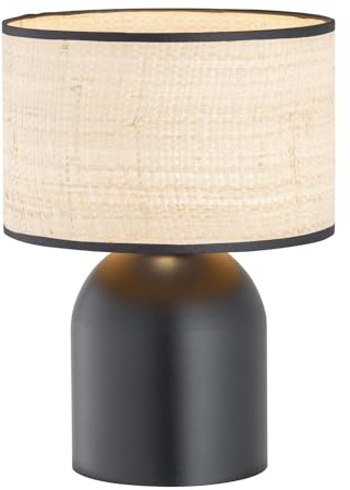 Licht-Erlebnisse Tischlampe Metall Rattan 35 cm hoch Modern Schwarz Natur E27 Wohnzimmer Tischleuchte Schlafzimmer Nachttischlampe