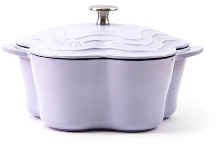 LVYUDS Herzform Dutch Oven, Emailliert Gusseisen Topf Doppelte Griffe Induktion Kocher Kompatibel Geeignet Suppe Eintopf Ideal Geschenk für Köche (Color : Purple, Size : FLOWERS_22CM)
