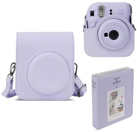 Mumlicha Étui en cuir synthétique photo et album de 64 poches compatible Fujifilm Instax Mini 12, Mini 12 avec bandoulière réglable (violet)
