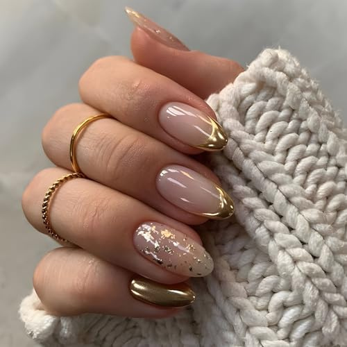 Calkkrer 24 pièces Or français Dentelle Design Faux Ongles Impression Feuille d'or Motif Faux Ongles Brillant Acrylique Ongles Couverture complète méthode de Colle