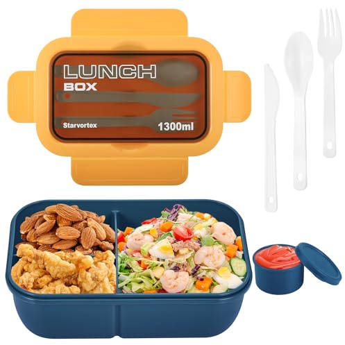 Starvortex Lunch Box 3 con Compartimentos, 1300ml Resistencia Calor Bento Box, Sin BPA Lunch Box Kids Portátil, Fiambrera Infantil Compartimentos Estanca, Fiambrera con Cubiertos y Salsera (Azul)