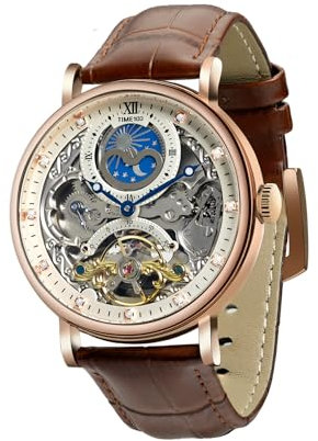 TIME100 Men's Automatic Watch Self Winding Mechanical Watch Genuine Leather Strap Skeleton Watches for Men