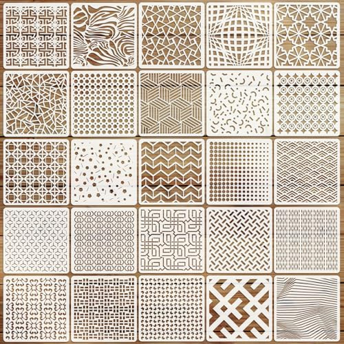 EAPIKON 25 Plantilla Dibujos para Pintar Manualidades, 15x15cm Plantillas Stencil Geometrico Reutilizables, Textura Template para Pared Muebles Textiles Scrapbooking DIY