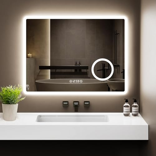 GIMBELEN LED Bad Spiegel 80x60 cm mit Beleuchtung, 3 Lichtfarben & Dimmbar, Antibeschlag, Uhr & 3-fache Vergrößerung, Wandspiegel für Badezimmer