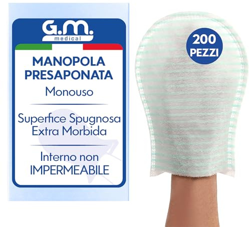 G.M. DISTRIBUZIONE 200 Pezzi - Manopole Saponata Monouso di Alta Qualità (75 gr/mq) con Soffice Spugna, Delicatamente Profumate, Senza Risciacquo, Manopole Presaponata, Guanto per Pulizia Anziani
