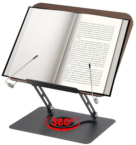 Atril para libros para leer, soporte de lectura ajustable, giratorio 360°, plegable, soporte para libros de cocina con clip lateral, soporte de lectura para recetas, tableta, ordenador portátil