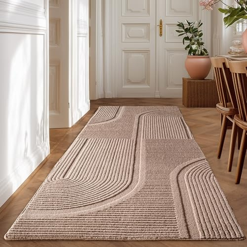 HomebyHome Teppich Boho Läufer 80 x 150 cm Beige, Waschbar & Pflegeleicht, Weicher Skandinavischer Deko Teppich mit 3D-Effekt, Ideal für Flur, Küche oder Schlafzimmer
