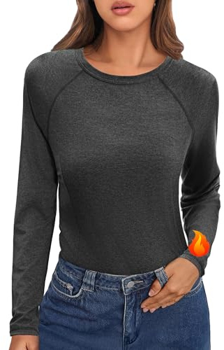 Crewhpo Camiseta Interior Térmica Mujer Manga Larga Camisetas Térmica Cuello Redondo Tops Elástica y Transpirable Básica Cálida Ropa de Invierno