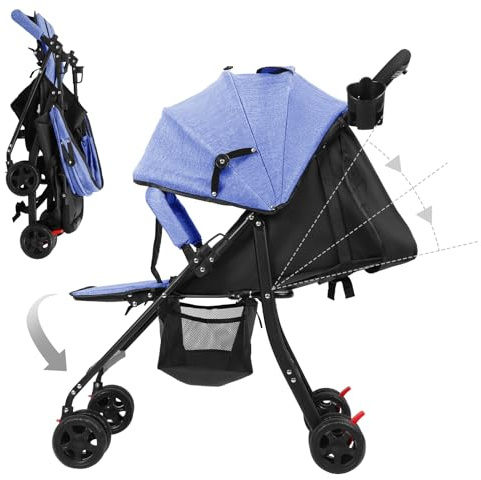 Baby-Kinderwagen, faltbarer Reise-Baby-Kinderwagen, einhändig zusammenklappbar, leicht, Kindersitz, verstellbare Rückenlehne, ausziehbares Baldachin, Fenster, Aufbewahrungskorb, Getränkehalter, Blau