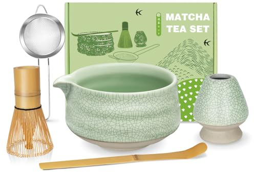 MUEZDUR Matcha Set, Matcha Besen, Matcha Schale mit Ausgießer (Chawan), Matcha Tee Set für die Zubereitung von Milchkaffee, Geschenk für Matcha-Liebhaber
