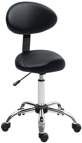 HOMCOM Rollhocker höhenverstellbar mit Rückenlehne Drehhocker 83-98 cm Arbeitshocker 360° drehbar Hocker Bürohocker Sattelhocker für Büro Salon Massage Spa Schwarz