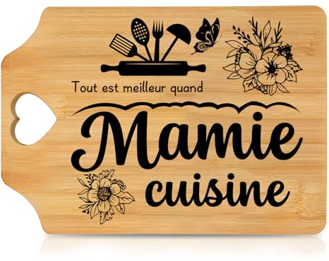 Cadeau Grand Mere, Cadeau Mamie- Idée Cadeau pour la Fête des Grands-Mères, Anniversaire, Noël, Valentine et Fête des Mères -Planche à Découper en Bambou personnalisé (30 cm x 21 cm)