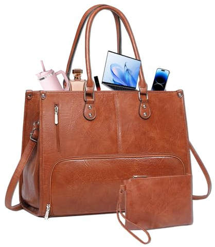 Beafaoo Laptop Bags for Women with Clutch Bag, 15.6 Inch PU Leather Tote Bag with Insulated Lunch Compartment, Large Ladies Laptop Handbag Shoulder Bag for Office School Business, Brown