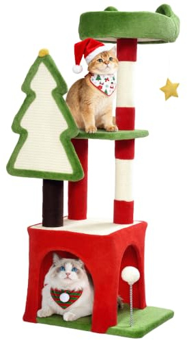 PawHut Árbol de Navidad para gatos, torre de escalada multinivel de 103 cm con poste rascador y tabla, condominio, plataforma y juguetes, centro de actividades para gatitos de interior, verde