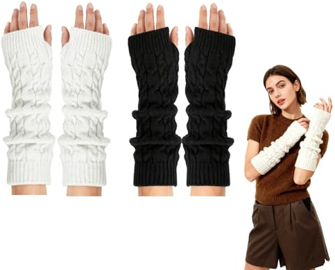 SIWOKJJO 2 Pairs Arm Warmers, Mitten Gloves Arm Fingerless Sleeves with Thumb Hole, Fingerless Cable Knitted Gloves, Women's Cold Weather Wrist Warmers