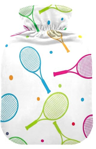Coloridas raquetas de tenis, bolsa de agua caliente blanca con cubierta suave, calentador de pies, bolsa de agua caliente para calambres menstruales, pequeña