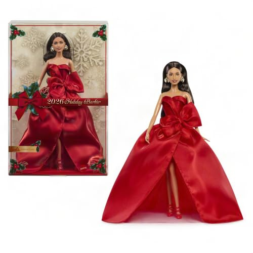 Barbie Signature 2026 Holiday Doll, Brown Hair | Fashion Doll Wearing Red Gown with Bow, Seasonal Collector Doll in Displayable Packaging & Doll Stand​​