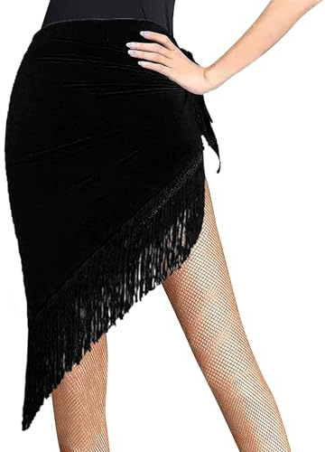 Damen Latein Tanzrock mit Fransen, Bauchtanz Hüfttuch High Waist Hip Scarf Wrap Skirt Tanzgürtel, Salsa Tango Ballettrock Wickelrock Rock Rumba Cha Cha Samba Ballsaal Tanzkleid