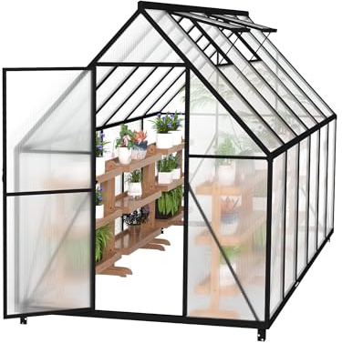LARS360 Växthus aluminium, trädgårdsväxthus med fundament, 4 mm polykarbonat dubbla stegplattor, drivhus för trädgård, tomathus med takfönster, väderbeständigt växthus, 340 x 180 x 195 cm