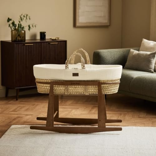 The Little Green Sheep Cotton Muslin Moses Basket Bundle, Ecru | Newborn Baby Bassinet, Natural Mattress, Palm Leaf Carrycot, Walnut Rocking Wood Stand, Birth to 6 Months