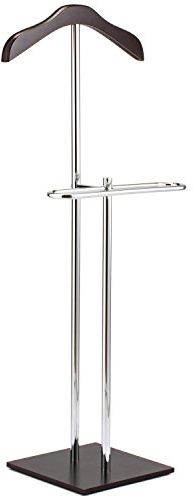 MyGift Brown Wood and Metal Valet and Suit Stand, Executive Men's Garment Organizer Rack Coat and Pants Hanger