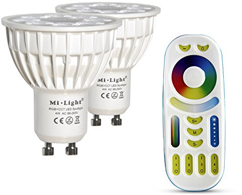 lighteu®, 2x 4W GU10 RGB + CCT LED-Strahler Farbwechsel und CCT WW CW Temperatur einstellbar, original Mi-Light, Glühlampe mit 4-Zonen-Fernbedienung (2xFUT103 + FUT092)